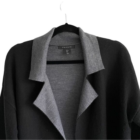 (SOLD) TAHARI Wool Long Cardigan Sweater Coat Black Gray Size L - Picture 2 of 6
